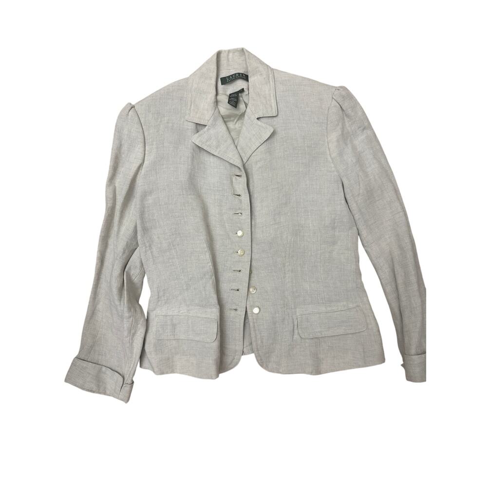 LAUREN RALPH LAUREN 100% linen portrait peplum jacket fitted pale blue 4
